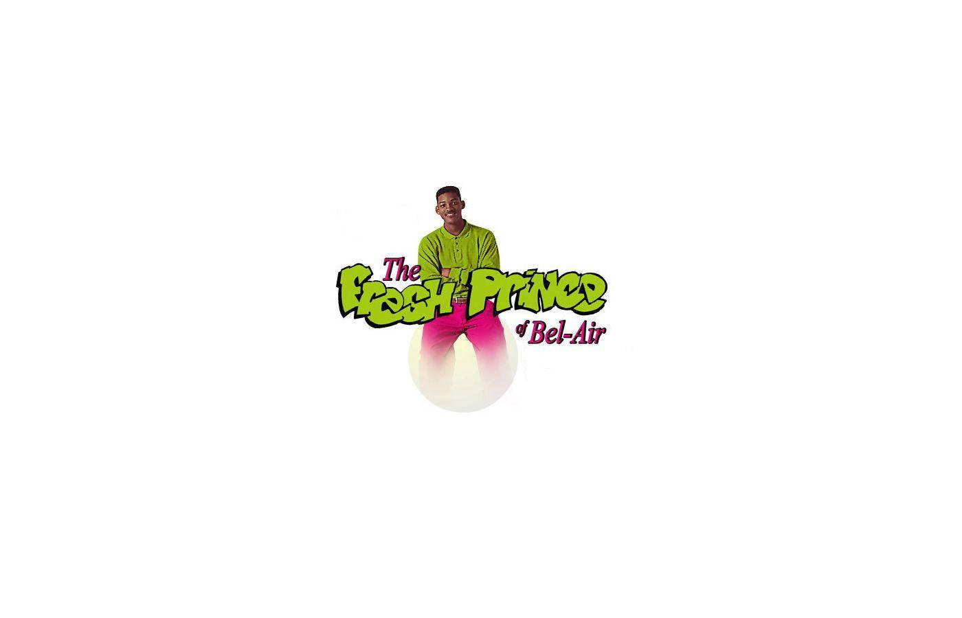 fresh prince 桌布 壁紙 — 一個充滿活力的《新鮮王子妙事多》標誌，威爾·史密斯穿著綠色襯衫和粉紅色褲子，在白色背景前微笑。