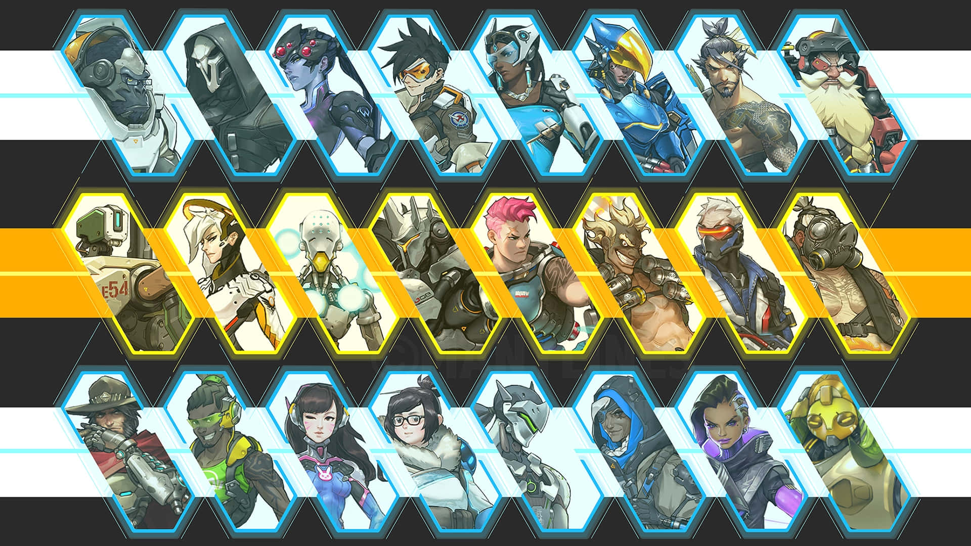 Overwatch Roadhog 桌布 壁紙 — 一個充滿活力的《鬥陣特攻》英雄網格，以六邊形框架呈現，背景為大膽的黑、白、黃條紋。