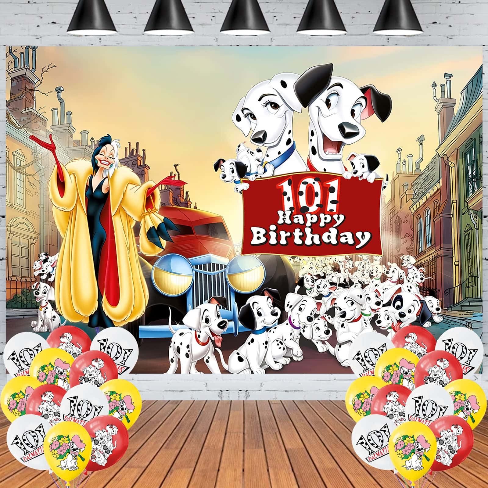 101忠狗 桌布 壁紙 — 一個充滿活力的101忠狗生日背景， featuring Cruella de Vil 和一群大麥町幼犬在卡通城市景觀中。