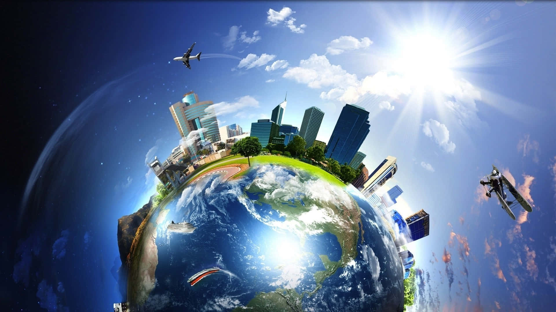 World 桌布 壁紙 — 一個充滿活力的360度地球視角，包含城市景觀、飛機，以及藍天下明亮照耀的太陽。