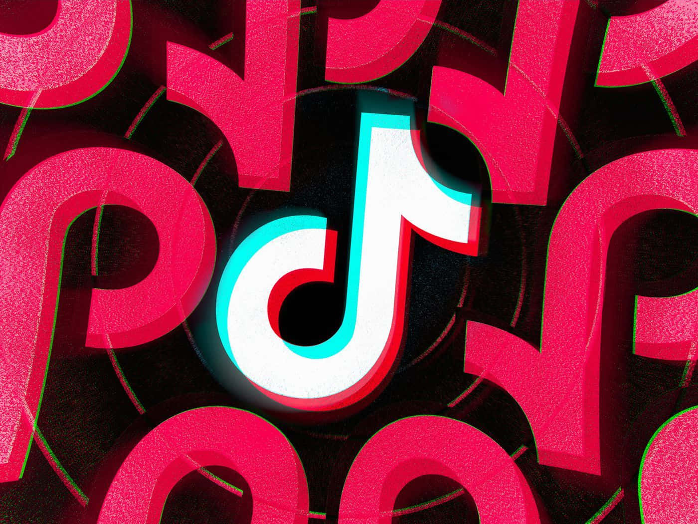 TikTok Logo 桌布 壁紙 — 一個充滿活力的3D TikTok標誌，周圍環繞著發光的粉紅色抽象形狀，背景為深色紋理。