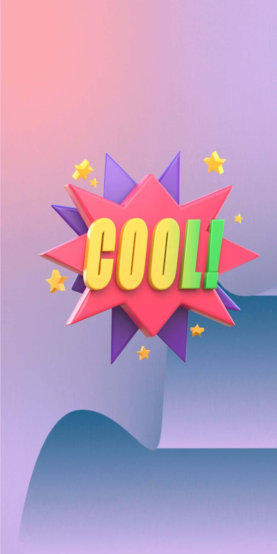 酷 桌布 壁紙 — 一個充滿活力的3D渲染「COOL!」文字，位於粉紅色星爆中，帶有黃色星星，背景為柔和漸變色。