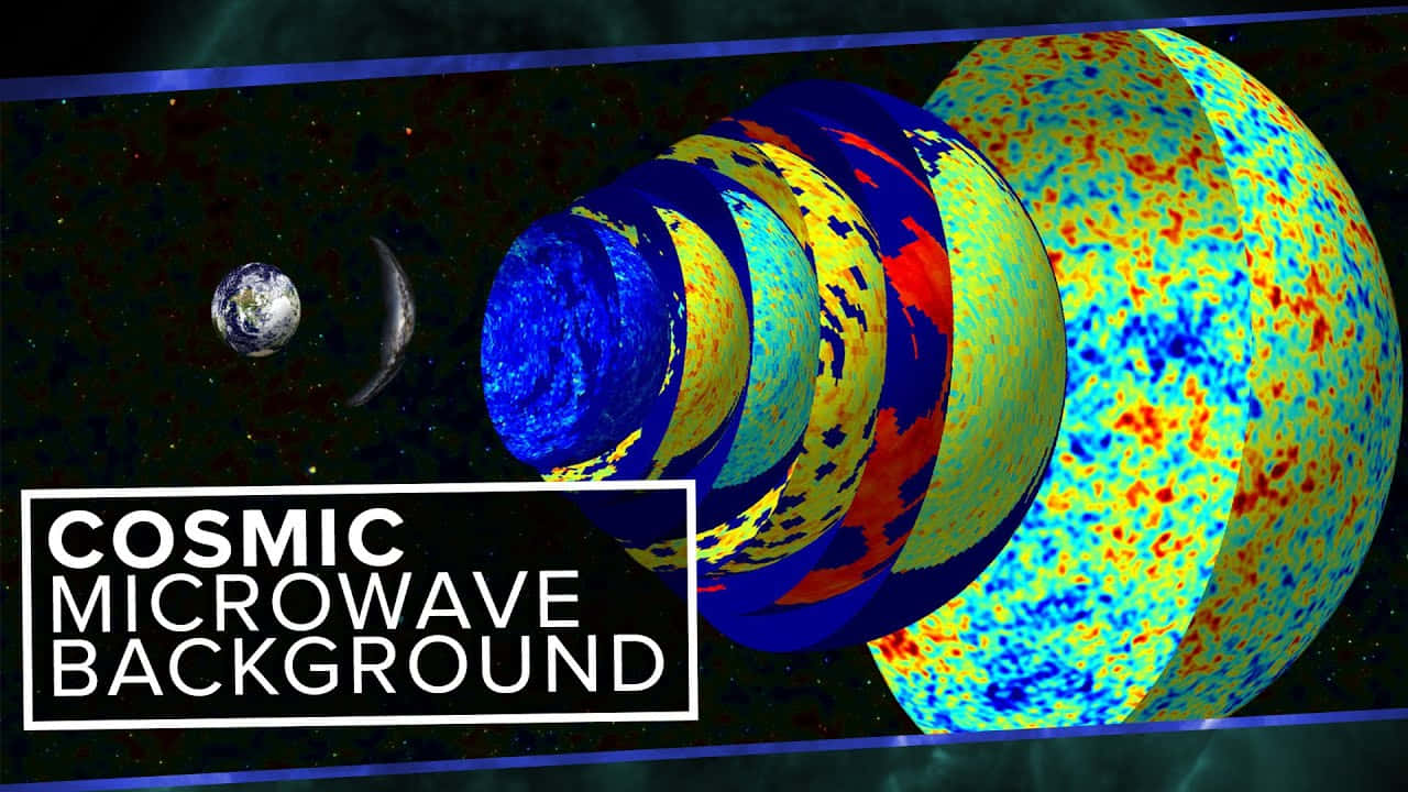 Microwave 桌布 壁紙 — 一個充滿活力的3D渲染，展示宇宙微波背景輻射，地球和月球在深空中。