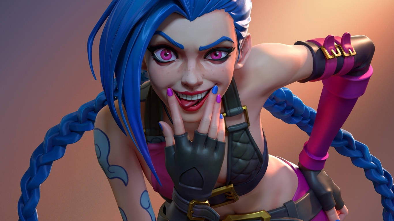 Jinx 桌布 壁紙 — 一個充滿活力的3D渲染動漫角色，擁有電光藍辮子和粉紅眼睛，調皮地咧嘴笑著，同時捧著臉。