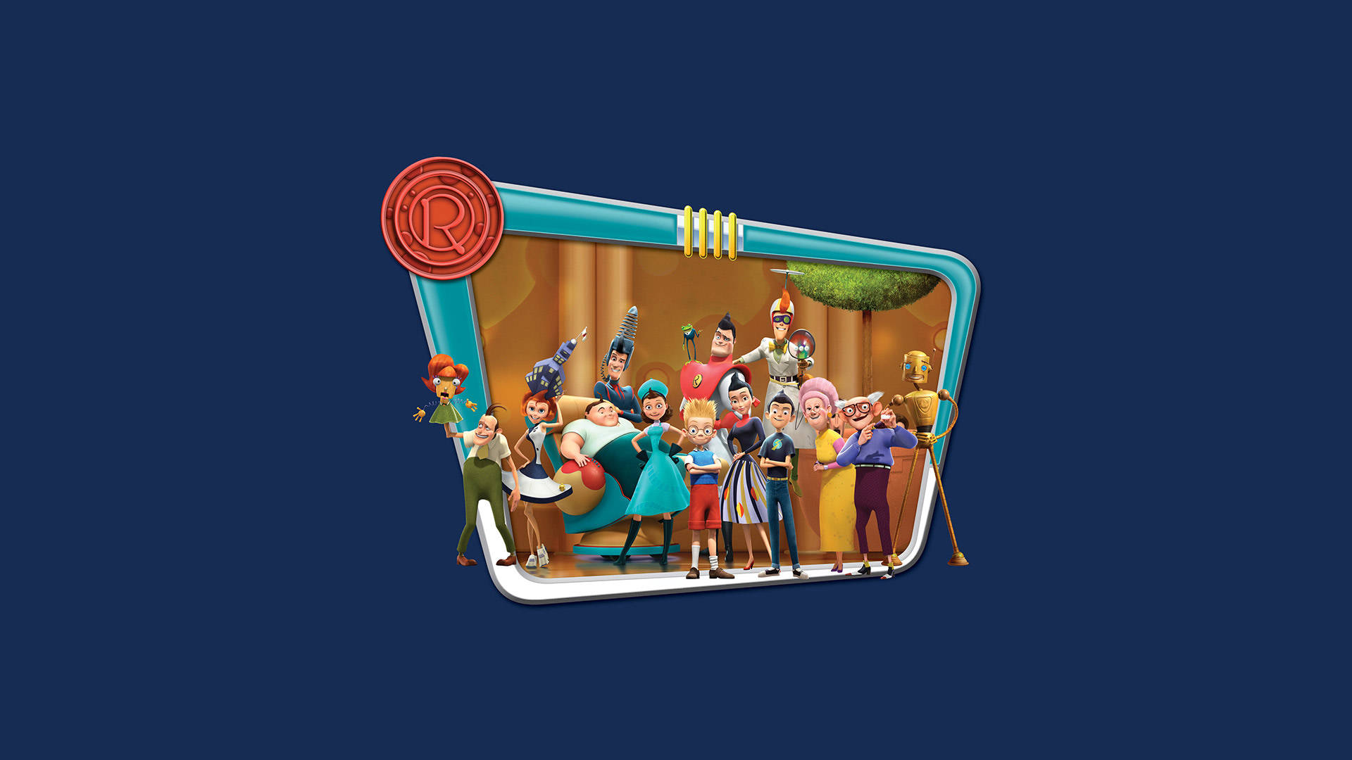 meet the robinsons 桌布 壁紙 — 一個充滿活力的3D渲染動畫角色群體從一部顯示舒適客廳場景的風格化智慧型手機中出現。