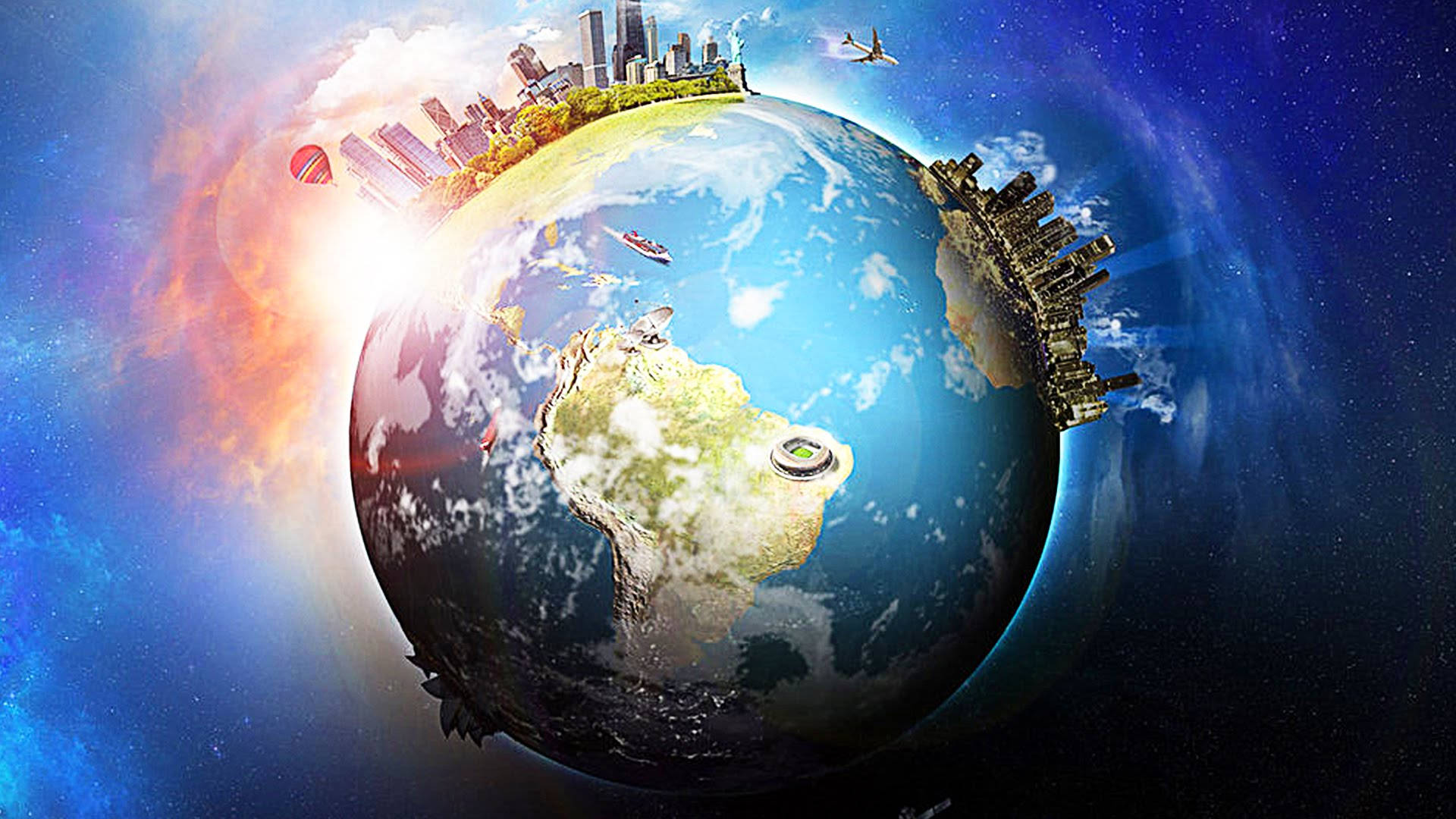 Earth Day 桌布 壁紙 — 一個充滿活力的3D渲染地球儀，城市景觀和船隻在宇宙星空背景下環繞。