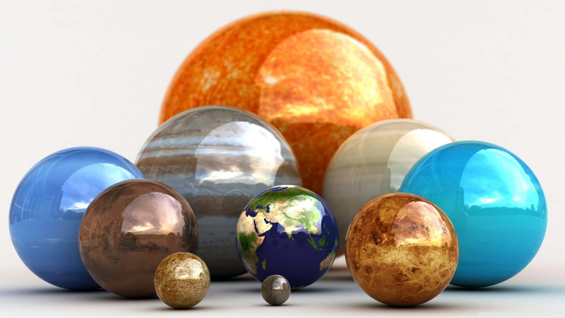 太陽系 桌布 壁紙 — 一個充滿活力的3D渲染太陽系行星集合，包括地球、火星、木星和土星，排列成發光的星團。