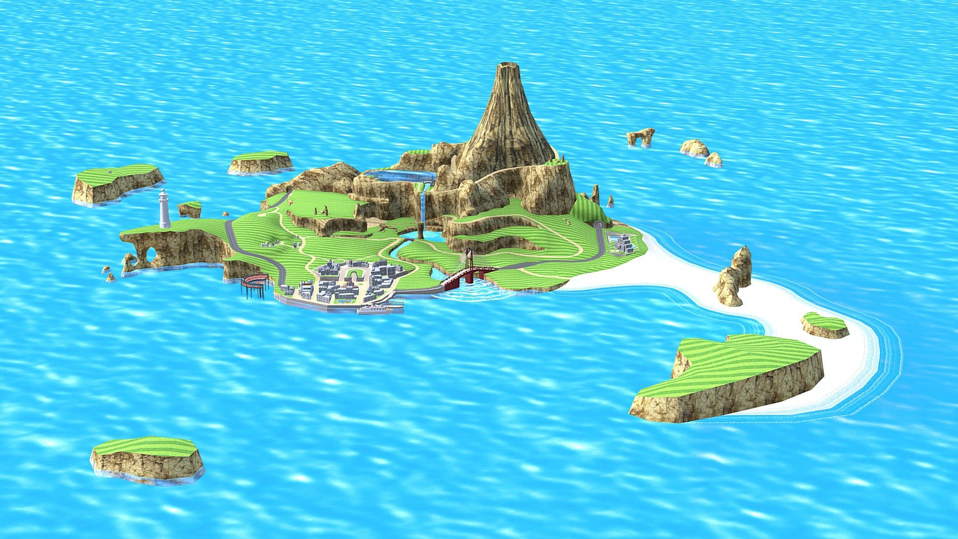 電玩遊戲 桌布 壁紙 — 一個充滿活力的3D渲染島嶼，中央有火山、綠色田野和沿海城鎮，周圍是明亮的藍色海洋。