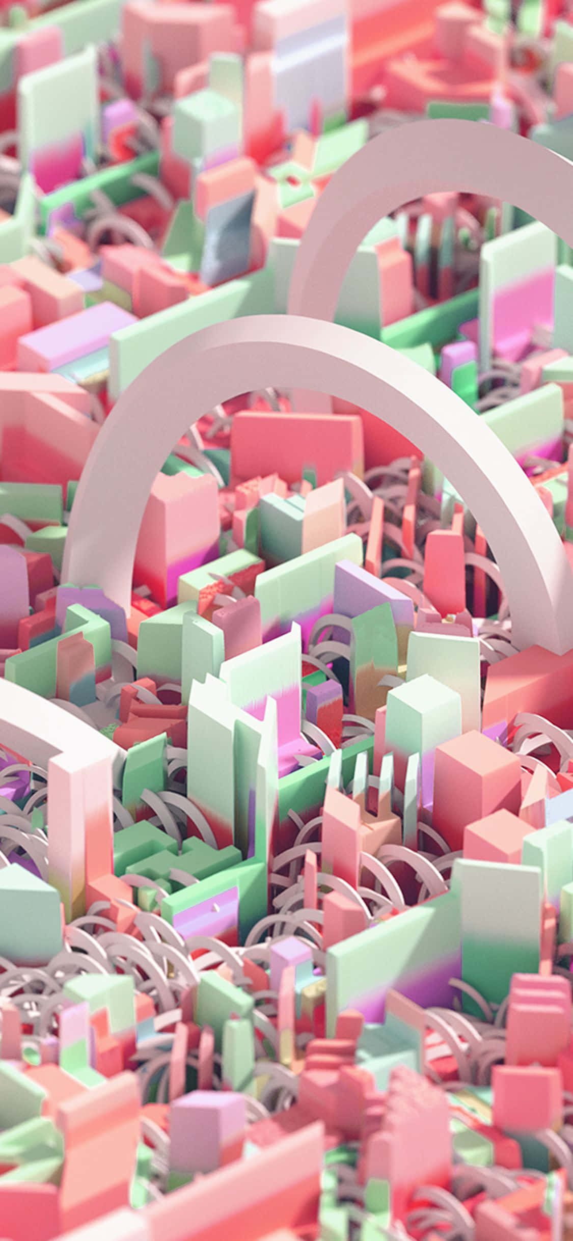 可愛 iPhone 桌布 桌布 壁紙 — 一個充滿活力的3D渲染抽象場景，帶有粉紅色、綠色和紫色的幾何形狀和拱門。