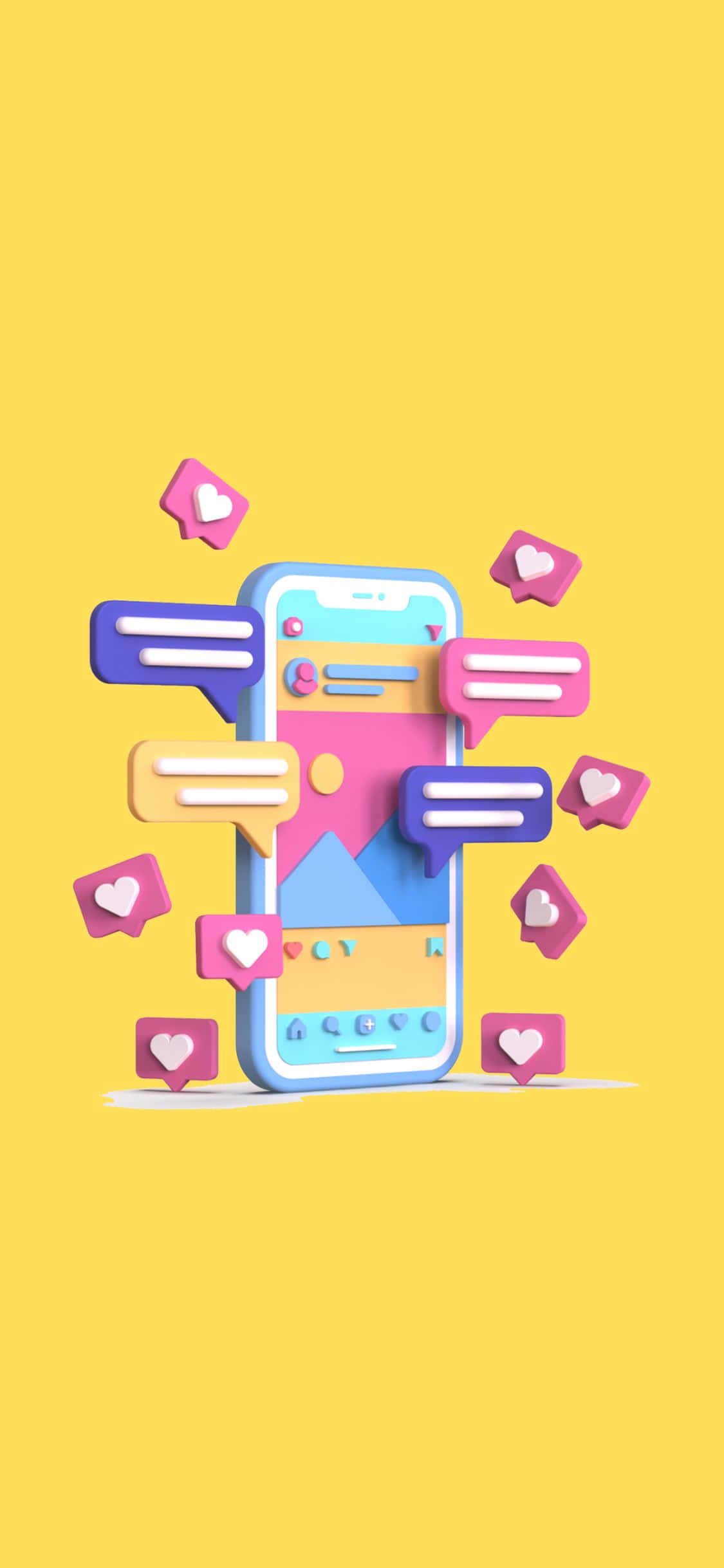 iPhone X Social 桌布 壁紙 — 一個充滿活力的3D渲染智慧型手機，周圍漂浮著色彩繽紛的聊天氣泡和心形圖案，背景為純黃色。