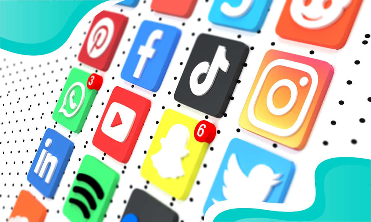 Social Media Logos 桌布 壁紙 — 一個充滿活力的3D渲染流行社交媒體應用程式圖標集合，漂浮在帶有青綠色點綴的點狀背景上。