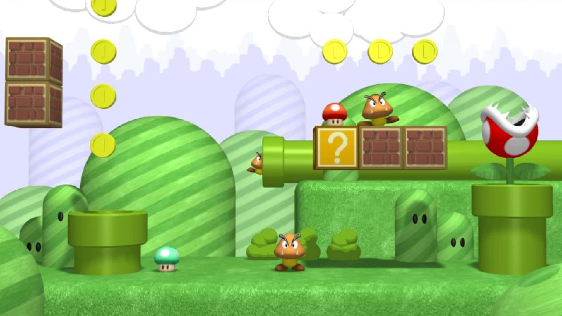 Mushroom Kingdom 桌布 壁紙 — 一個充滿活力的3D渲染瑪利歐遊戲場景，有綠色山丘、金幣、栗子小子和一個問號方塊，天空多雲。