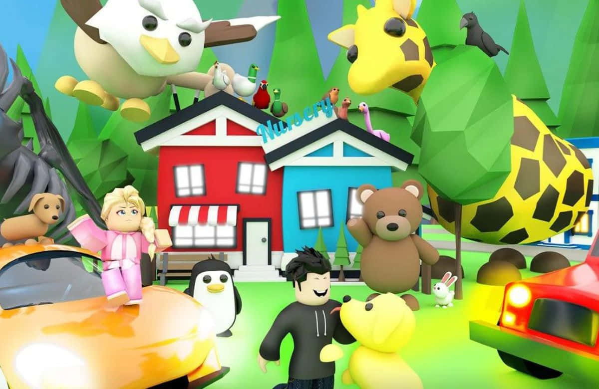 Roblox 桌布 壁紙 — 一個充滿活力的3D渲染育兒場景，周圍有巨大的毛絨動物和卡通人物環繞著色彩繽紛的建築物。