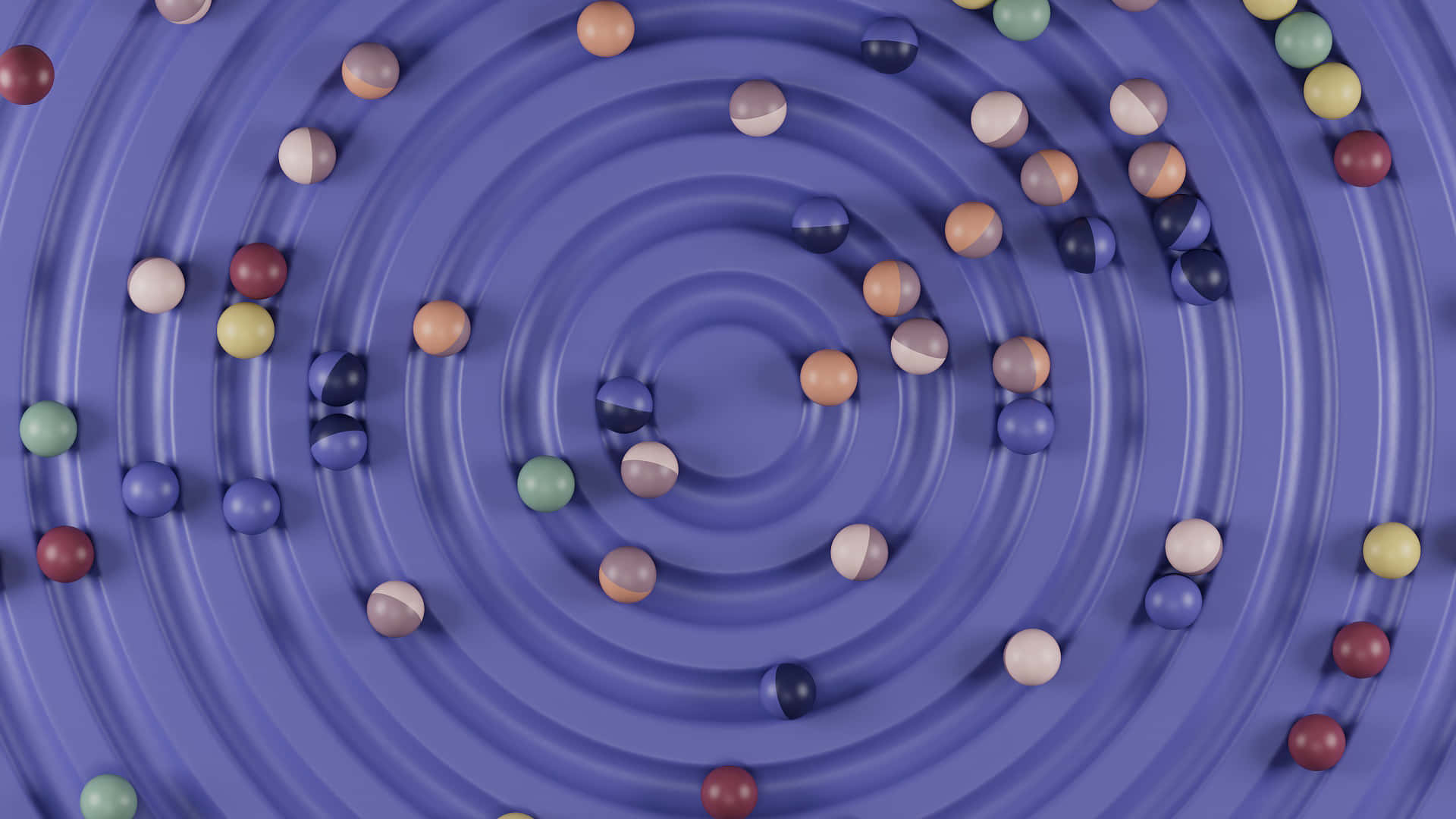 Circle 桌布 壁紙 — 一個充滿活力的3D渲染螺旋，由同心藍色凹槽組成，散佈著大地色和柔和色調的彩色球體。