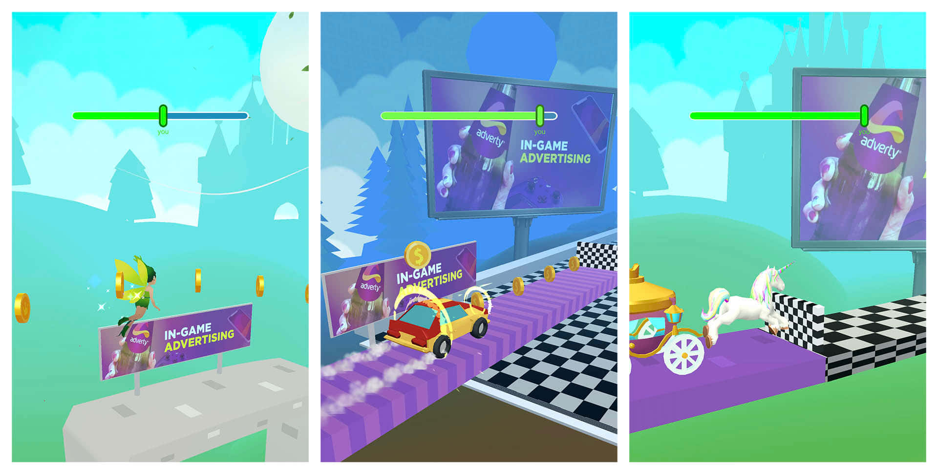 Casual Games 桌布 壁紙 — 一個充滿活力的3D渲染遊戲場景，黃色汽車和獨角獸在棋盤格平台上賽車，經過遊戲內廣告看板。