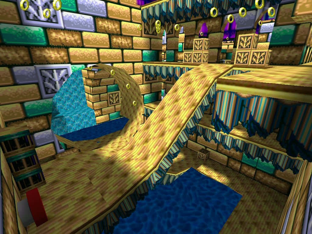 Sonic Hydrocity Zone 桌布 壁紙 — 一個充滿活力的3D渲染遊戲關卡，設有金色斜坡、藍色水域和裝飾著發光環的磚牆。