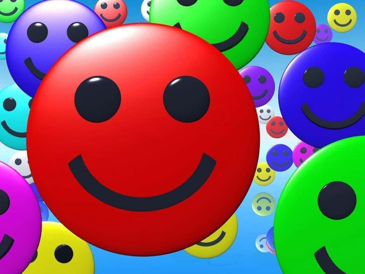 Smiley 桌布 壁紙 — 一個充滿活力的3D渲染集群，由光澤笑臉組成，色彩大膽，漂浮在明亮的藍色背景上。