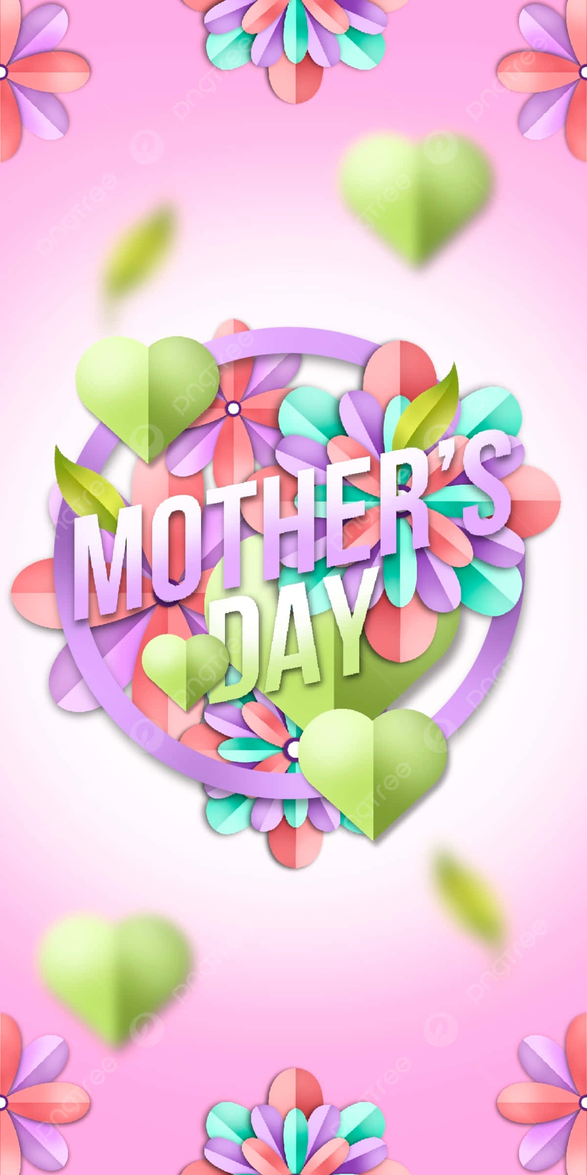 Mothers Day 桌布 壁紙 — 一個充滿活力的3D紙藝母親節設計，色彩繽紛的花朵、心形和文字漂浮在柔和的粉紅色背景上。