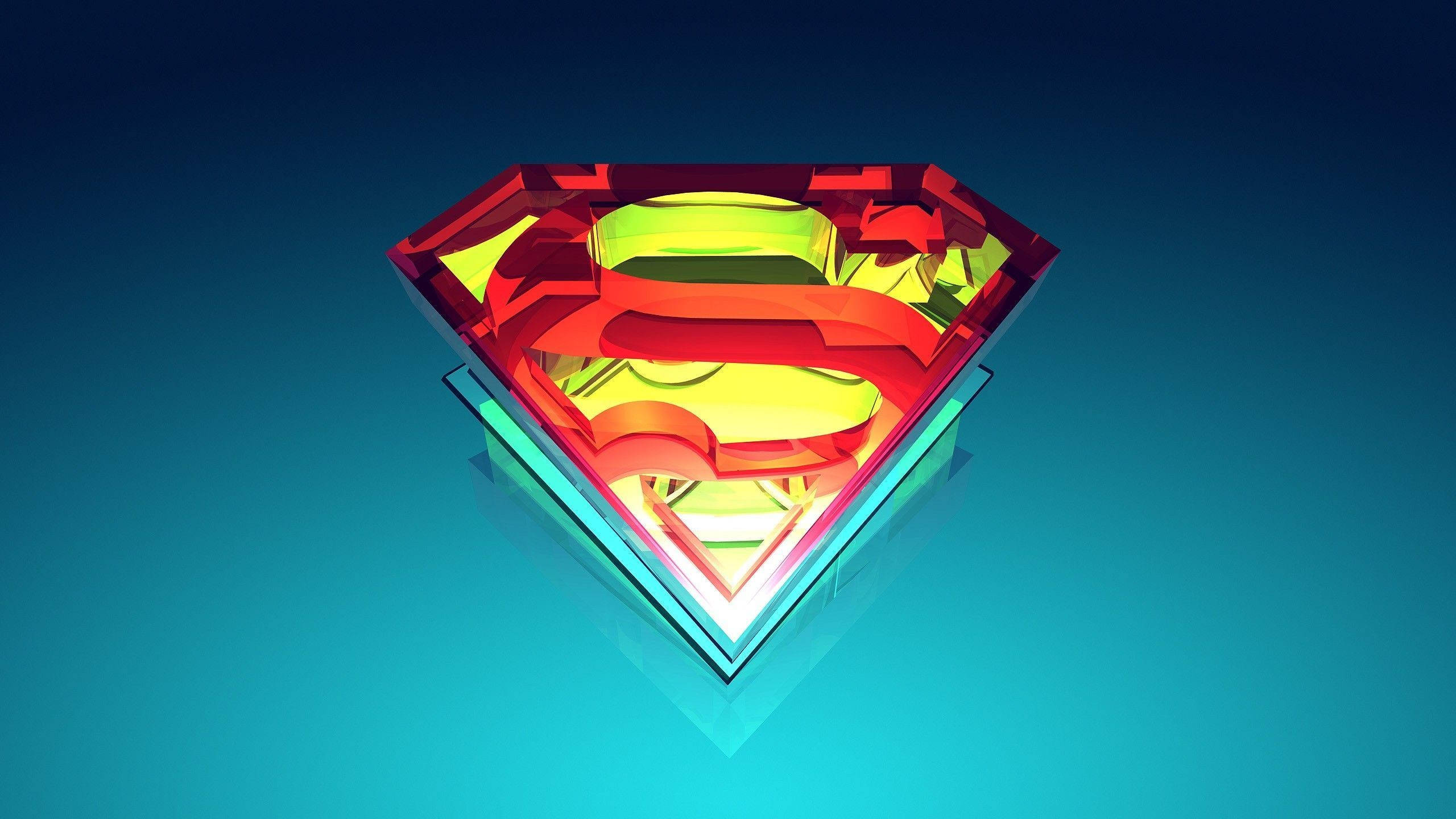 superman symbol iPhone 桌布 壁紙 — 一個充滿活力的3D超人標誌，帶有發光的紅色和黃色，漂浮在漸變藍色背景上。