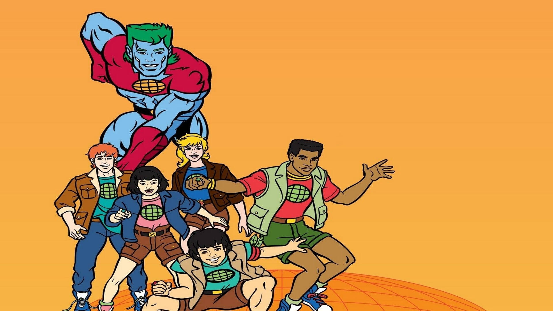 Captain Planet 桌布 壁紙 — 一個充滿活力的80年代卡通團體，六位身穿復古服裝的英雄在純橙色背景上動態擺姿勢。