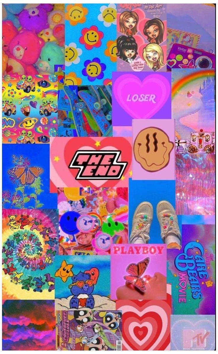 Cartoon 桌布 壁紙 — 一個充滿活力的90年代流行文化圖標拼貼畫，包括Care Bears、Powerpuff Girls和彩虹圖案，排列在一個混亂多彩的網格中。