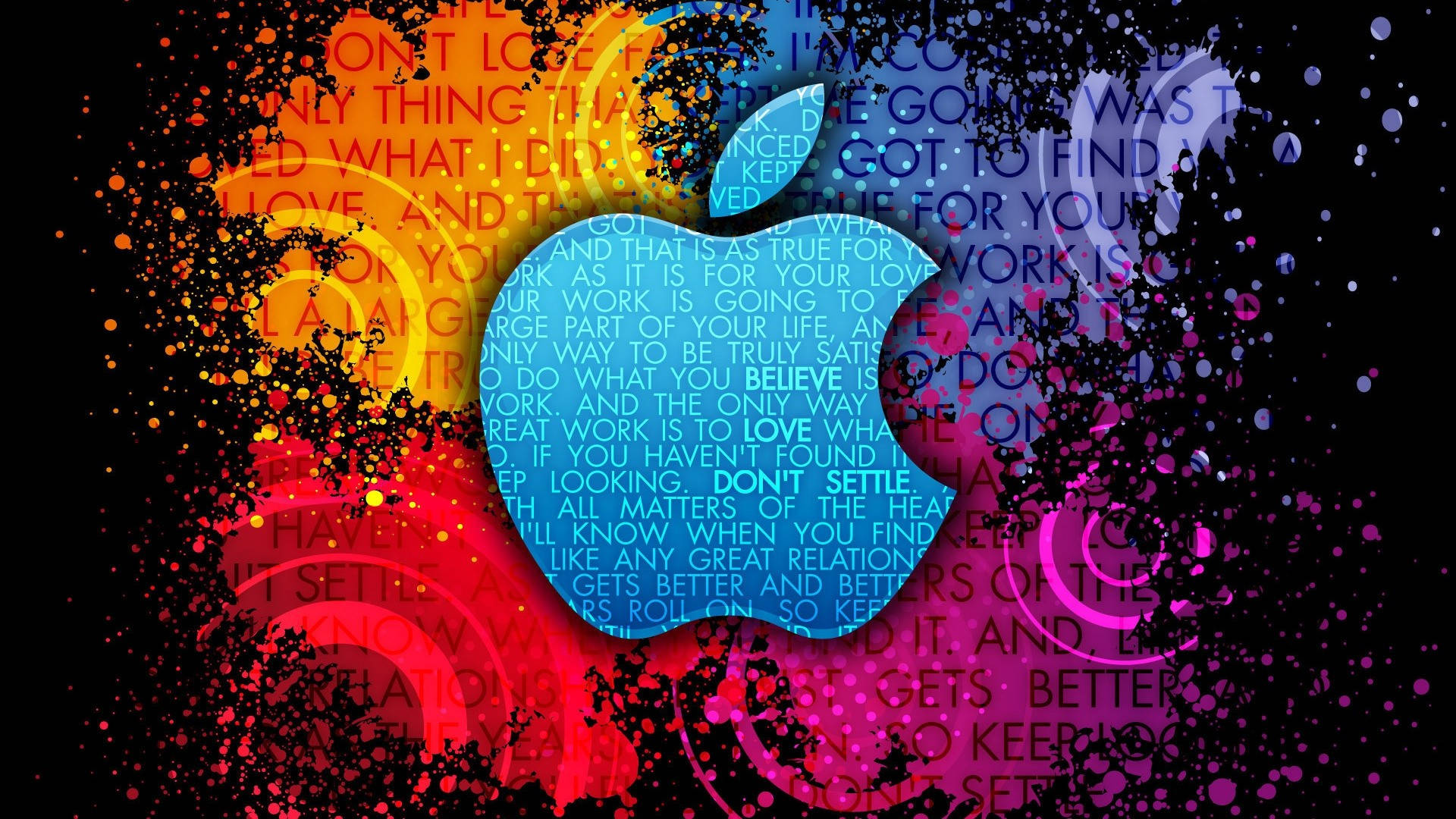 桌布 壁紙 — 一個充滿活力的Apple標誌，內含勵志文字，周圍環繞著色彩繽紛的潑濺和漩渦圖案，背景為黑色。