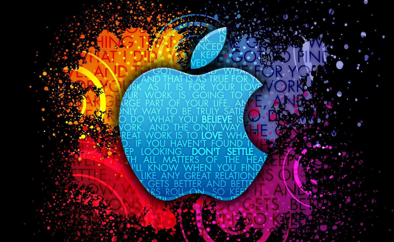 藍色 桌布 壁紙 — 一個充滿活力的Apple標誌，在黑色背景上濺滿了彩色油漆和勵志文字。