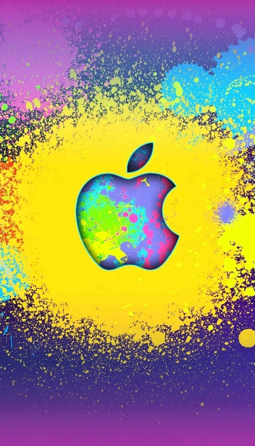 Colorful iPhone 桌布 壁紙 — 一個充滿活力的Apple標誌，在黃色和紫色的漸變背景上濺滿了霓虹顏料。