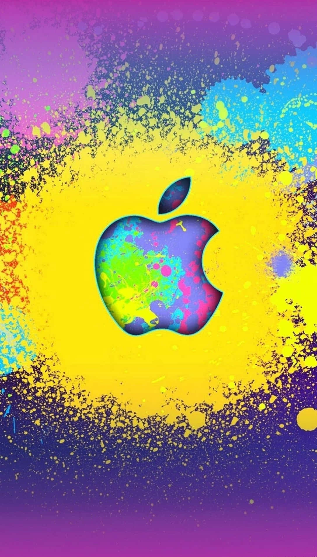 Best Apple 桌布 壁紙 — 一個充滿活力的Apple標誌，在漸變黃色和紫色背景上濺滿了霓虹顏料。