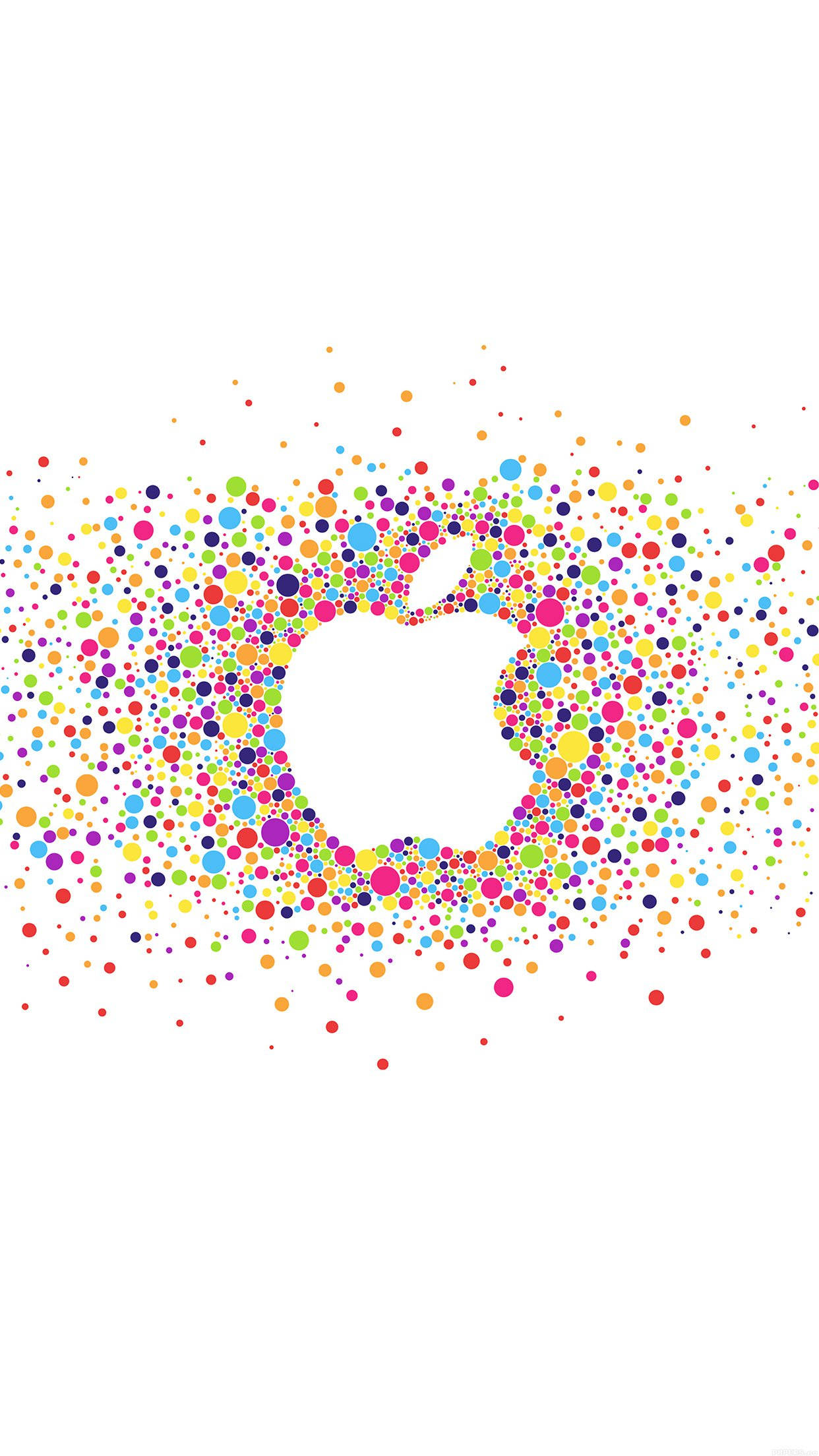 Smartphone 桌布 壁紙 — 一個充滿活力的Apple標誌，由色彩繽紛的點狀爆發形成，背景為純白色。
