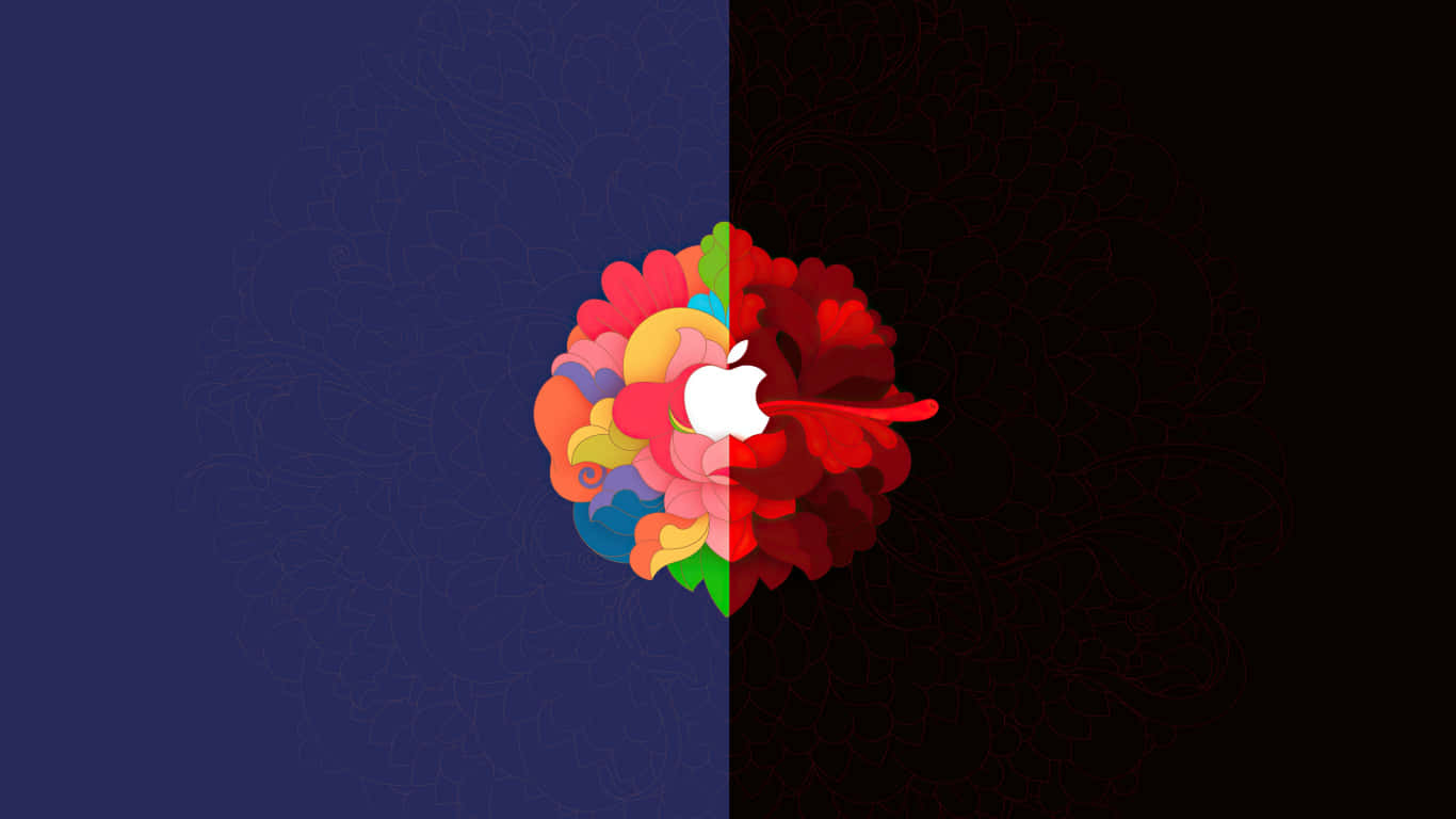 1366x768 Apple 桌布 壁紙 — 一個充滿活力的Apple標誌從色彩繽紛的花卉爆發中浮現，背景是深藍色和黑色分割，帶有細膩的曼陀羅圖案。