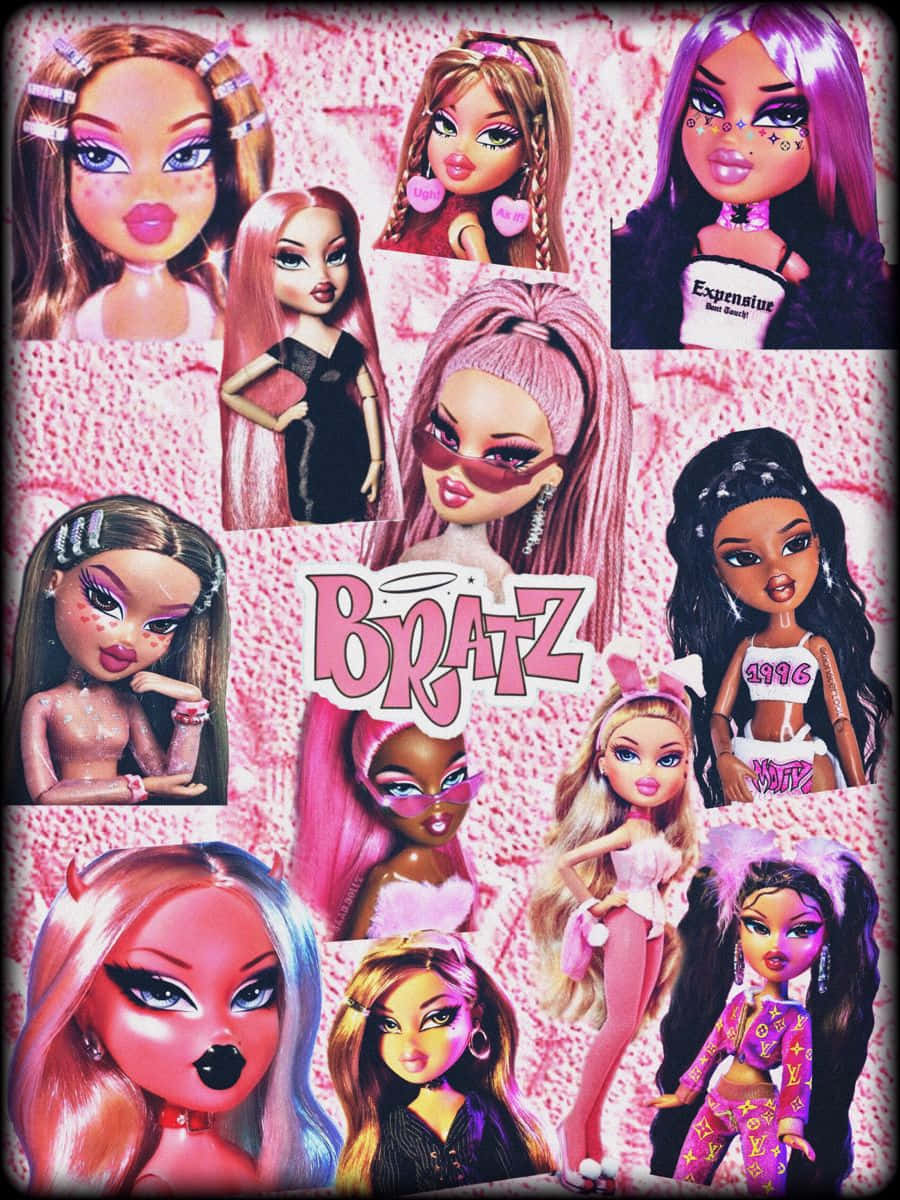 Bratz 桌布 壁紙 — 一個充滿活力的Bratz娃娃拼貼畫，擁有鮮豔的妝容和色彩繽紛的服裝，背景為粉紅色紋理。