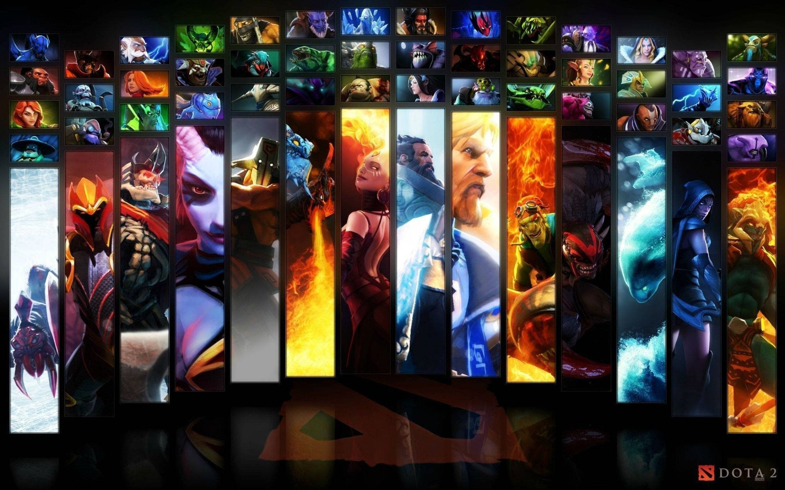 電玩遊戲 桌布 壁紙 — 一個充滿活力的Dota 2英雄拼貼畫，以垂直面板展示，帶有發光的元素效果，背景為深色。