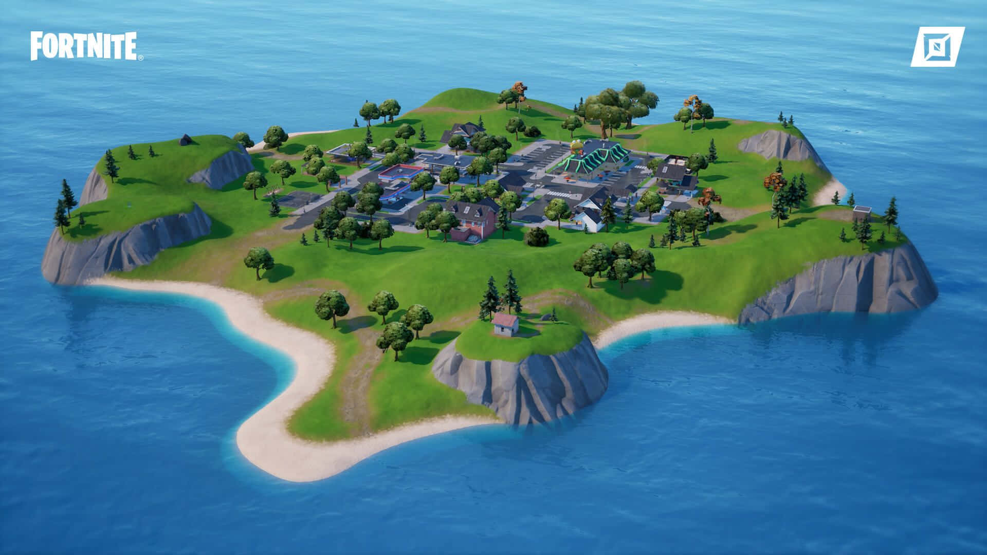 Creative Mode 桌布 壁紙 — 一個充滿活力的Fortnite島嶼，沿海小鎮坐落在綠丘和岩石峭壁之間，被藍色海洋環繞。