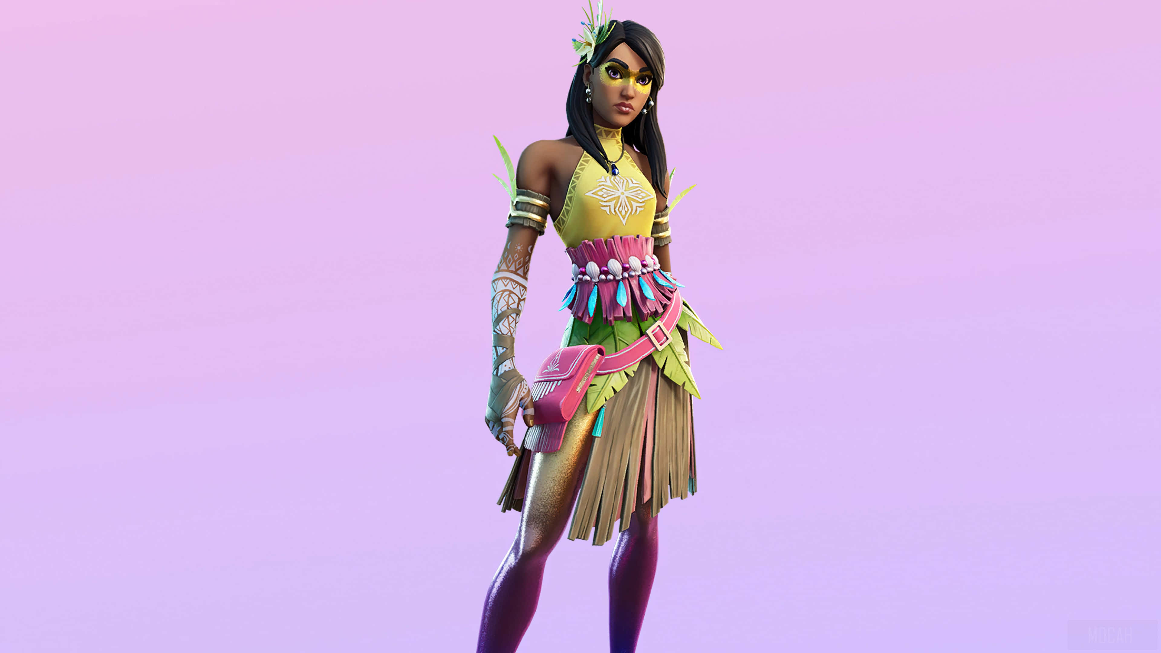 Ruby Fortnite Skin 桌布 壁紙 — 一個充滿活力的Fortnite角色穿著色彩繽紛的部落服裝，站在柔和的粉紅色和紫色漸變背景前。