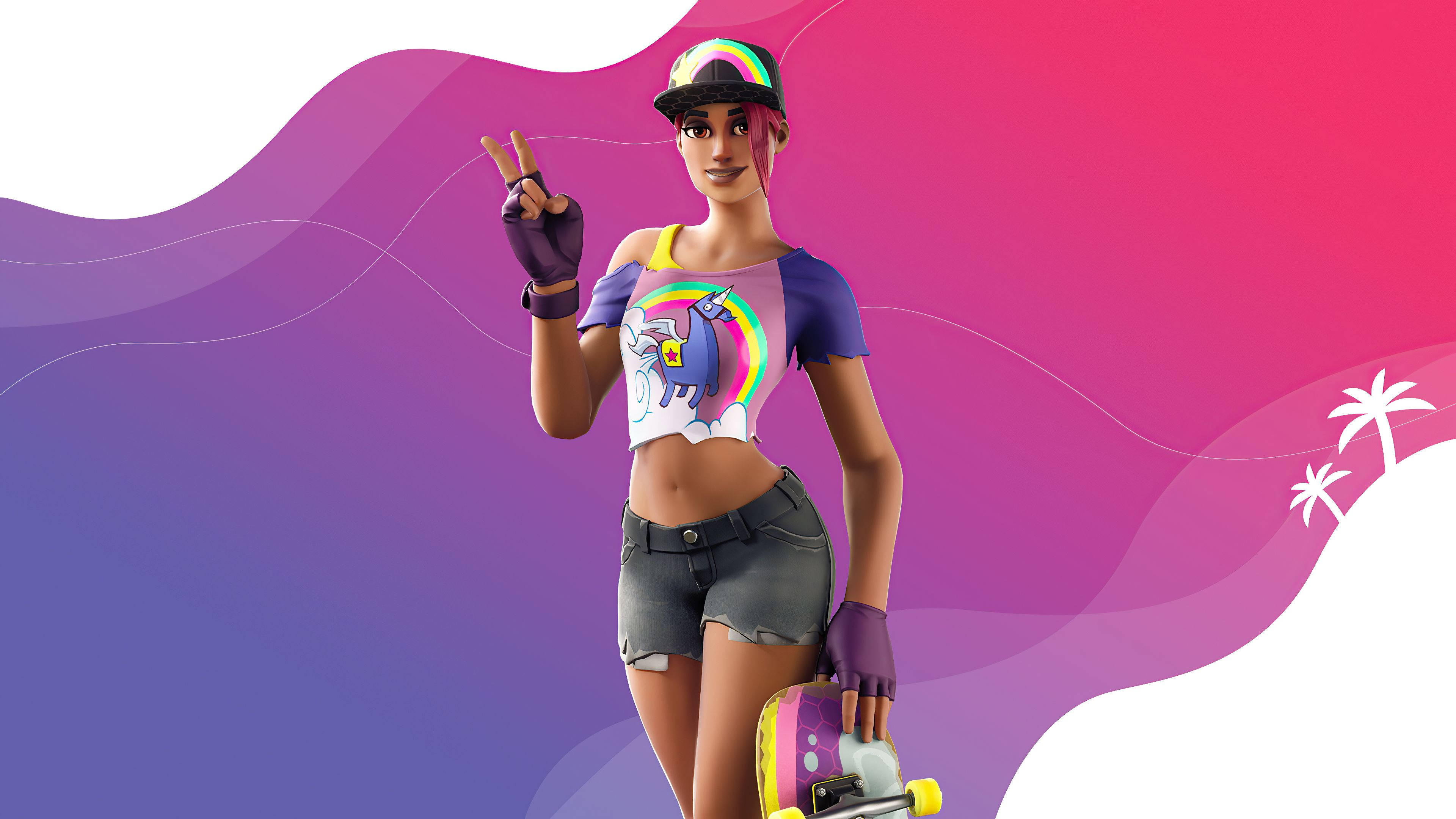 Fortnite 造型 桌布 壁紙 — 一個充滿活力的Fortnite角色，身穿彩虹獨角獸短版上衣和牛仔短褲，在旋轉的粉紅和紫色漸變背景前拿著滑板擺姿勢。