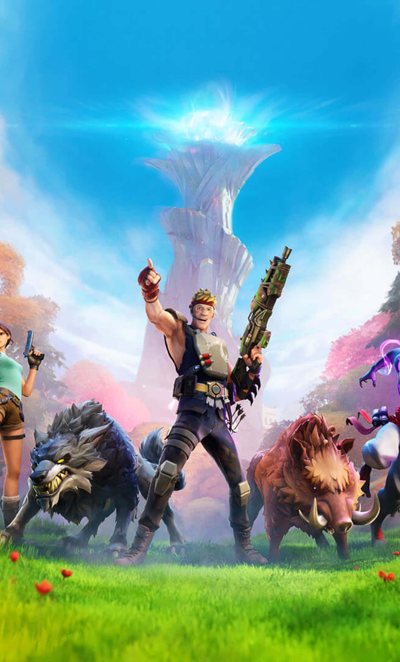 Fortnite iPhone 桌布 壁紙 — 一個充滿活力的Fortnite角色，手持巨型武器並帶著寵物，在色彩繽紛的奇幻景觀中，勝利地站在發光塔下。