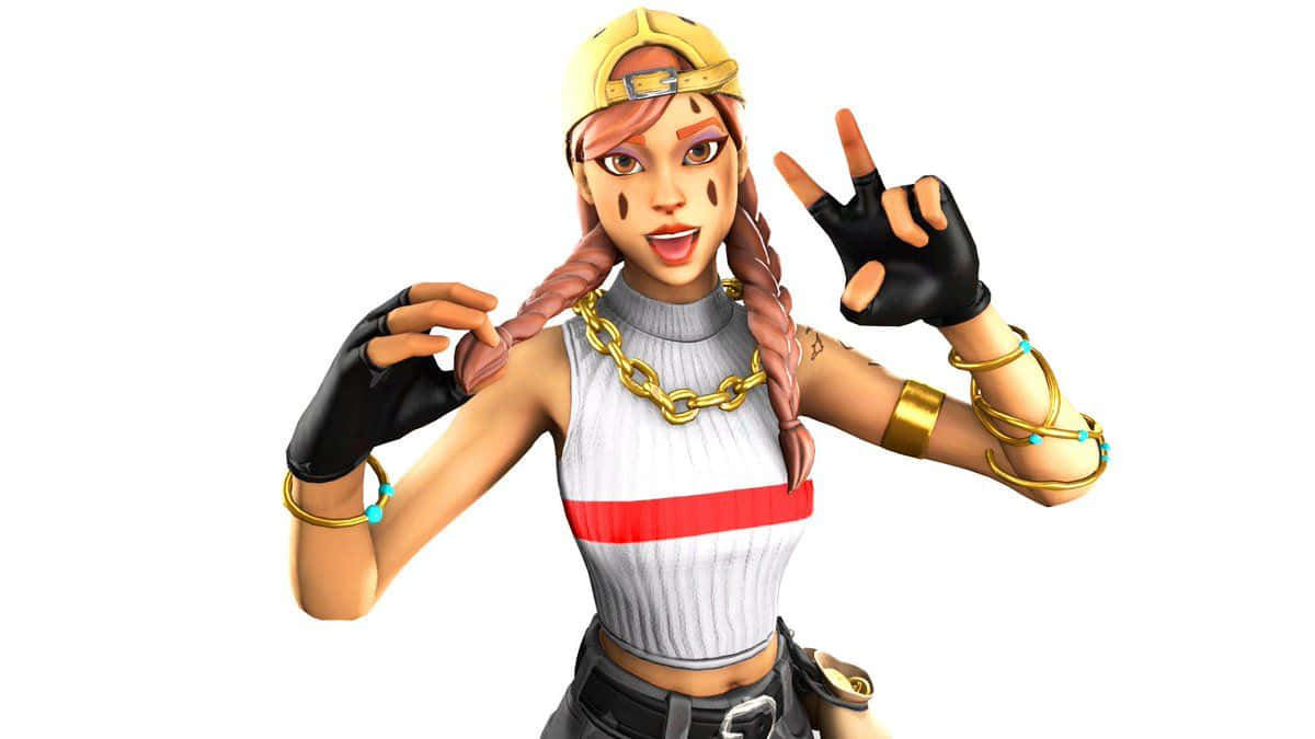Fortnite 桌布 壁紙 — 一個充滿活力的Fortnite角色，梳著辮子，戴著金色飾物，身穿紅色條紋上衣，在純白色背景前擺出俏皮的姿勢。