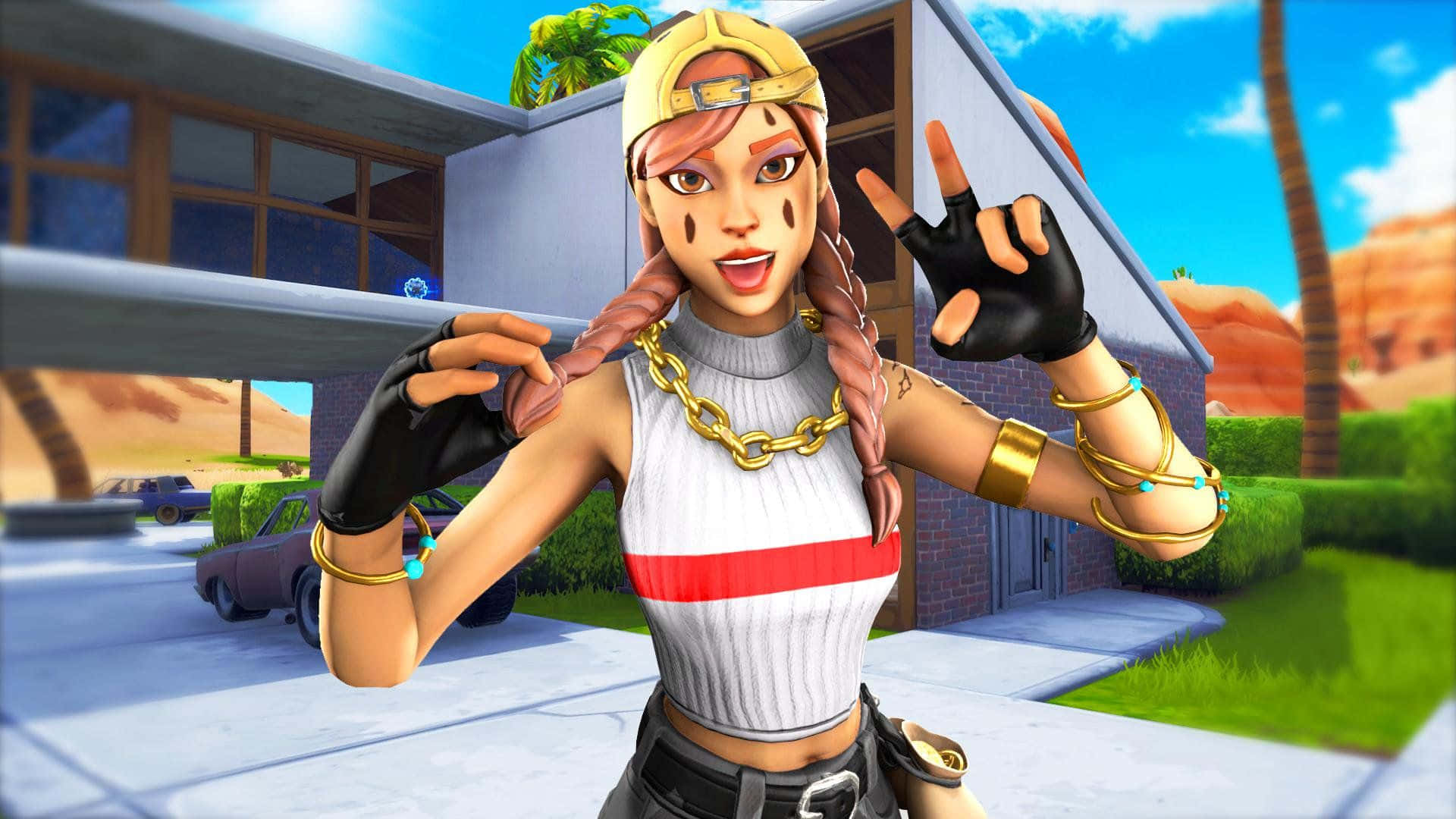 Fortnite 桌布 壁紙 — 一個充滿活力的Fortnite角色，梳著辮子並佩戴金色飾品，在明亮的藍天下於現代房屋前擺姿勢。