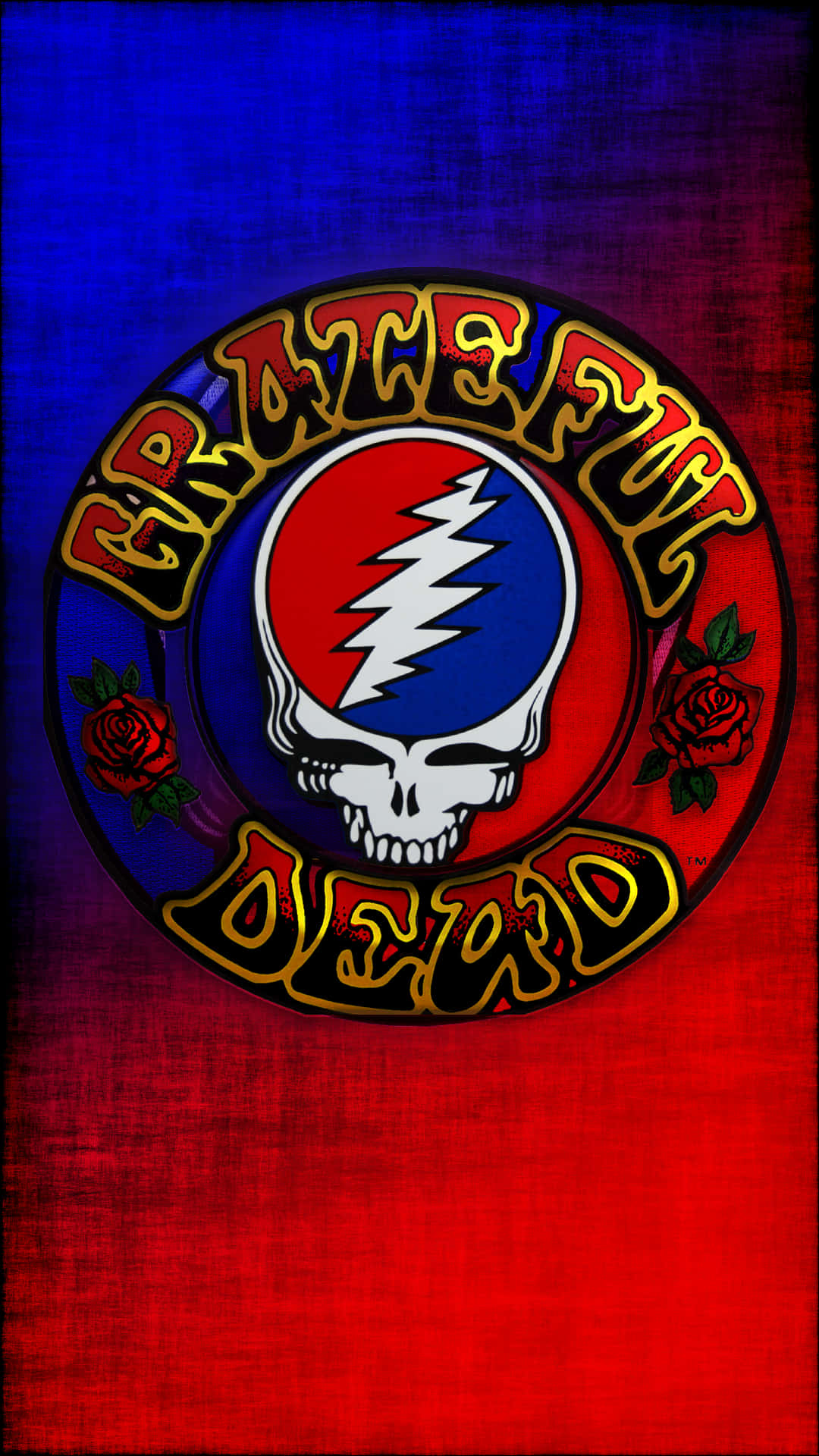 Grateful Dead iPhone 桌布 壁紙 — 一個充滿活力的Grateful Dead標誌，帶有骷髏頭和閃電，置於紅藍漸變背景上，並有玫瑰點綴。