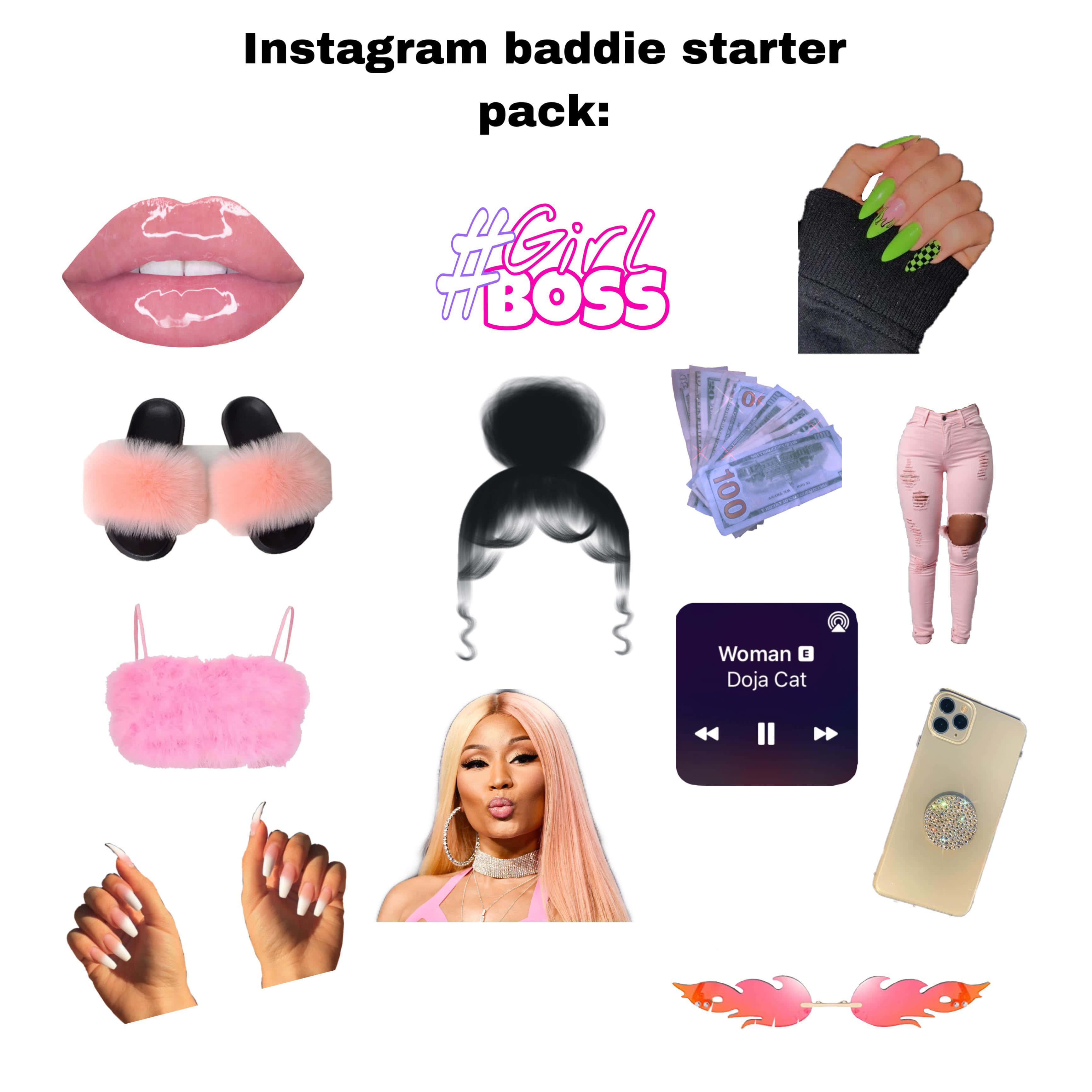 壞女孩 桌布 壁紙 — 一個充滿活力的Instagram baddie必需品拼貼，包括粉紅嘴唇、毛絨拖鞋、金錢和Doja Cat的臉，背景為白色。