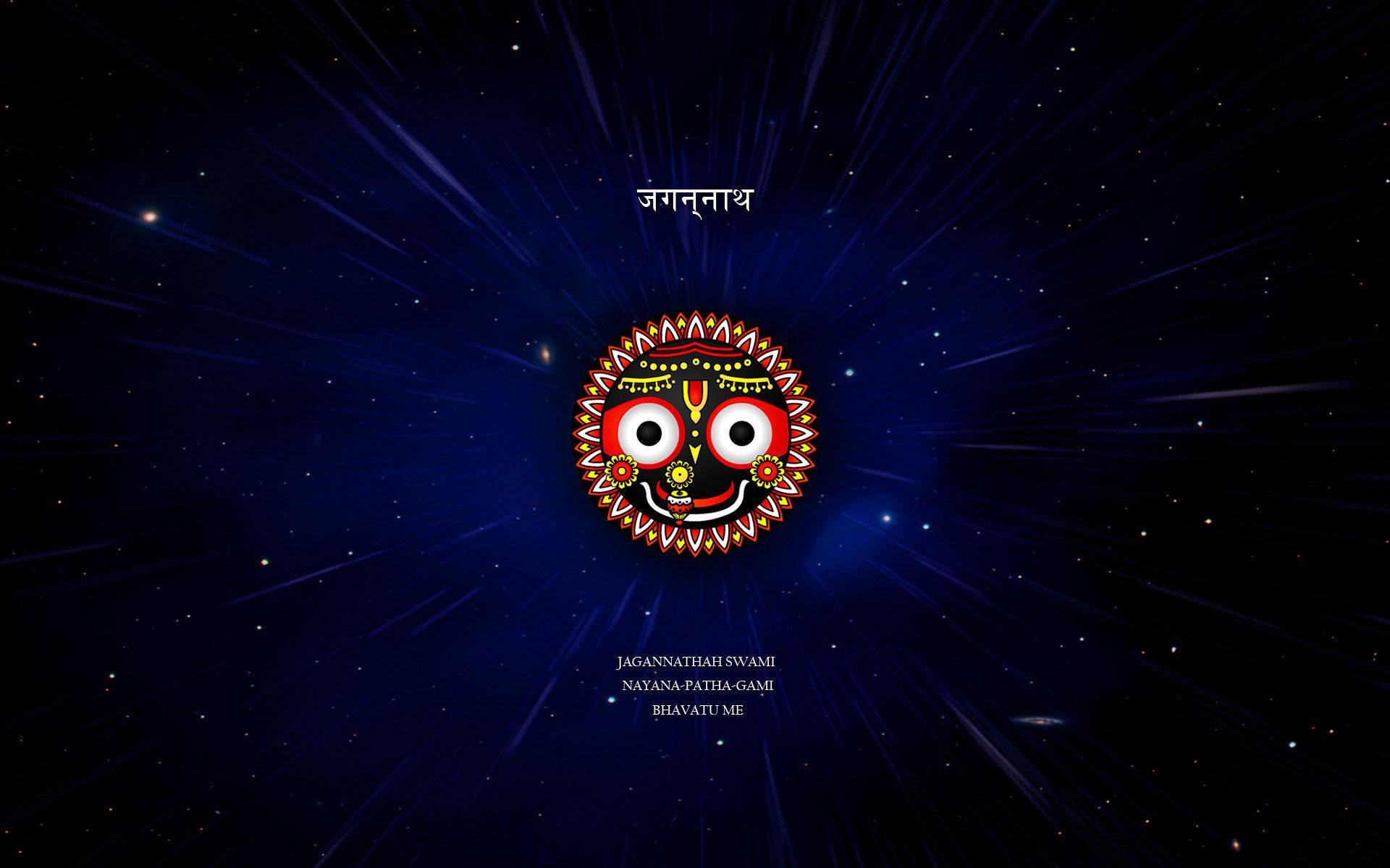 Jagannath 桌布 壁紙 — 一個充滿活力的Jagannath神祇面孔從宇宙星空中散發出光芒，伴隨著燦爛的藍色光線和梵文文字。