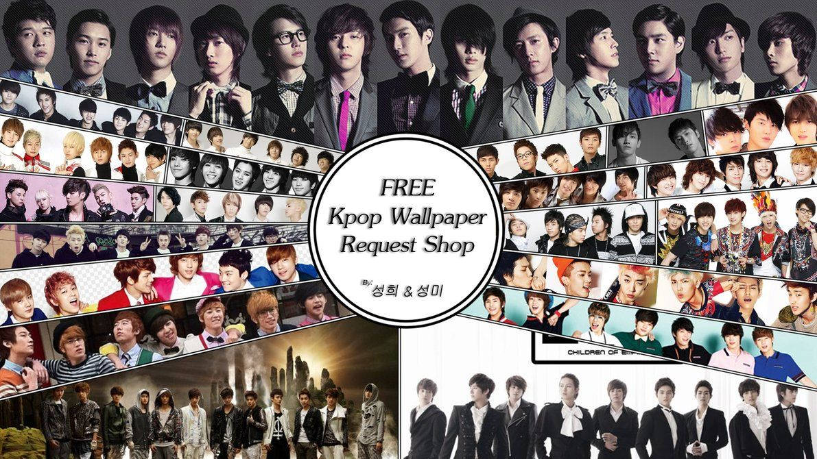 K-pop 桌布 壁紙 — 一個充滿活力的K-pop偶像拼貼畫，以各種服裝和姿勢排列成放射狀行，圍繞中央圓形文字疊加。