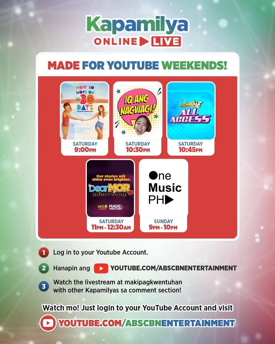 online 桌布 壁紙 — 一個充滿活力的Kapamilya Online Live宣傳圖像，展示色彩繽紛的節目縮圖和觀看說明，背景為閃爍的漸變色。