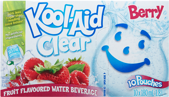 Kool Aid 小幫手 桌布 壁紙 — 一個充滿活力的Kool-Aid Clear Berry飲料盒，配有新鮮草莓和微笑的藍色水壺吉祥物。