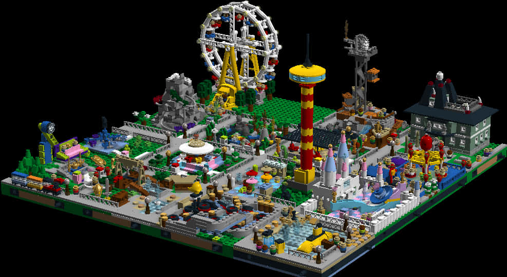 樂高 桌布 壁紙 — 一個充滿活力的LEGO遊樂園，擁有巨大的摩天輪、城堡、水上遊樂設施和色彩繽紛的遊樂設施，背景為黑色。