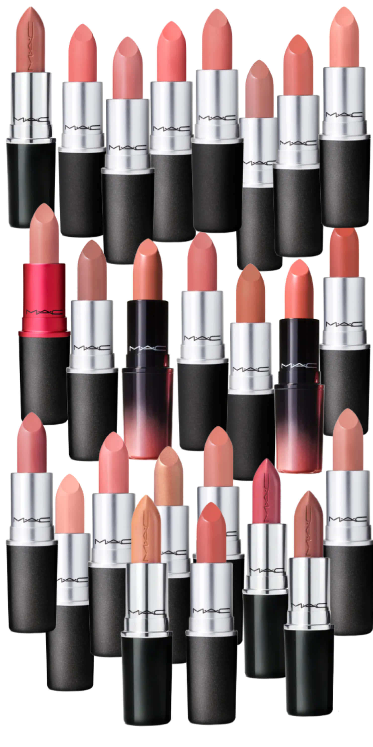 Mac Cosmetics 桌布 壁紙 — 一個充滿活力的MAC唇膏管網格，在乾淨的白色背景上展示了一系列裸玫瑰和珊瑚色調。