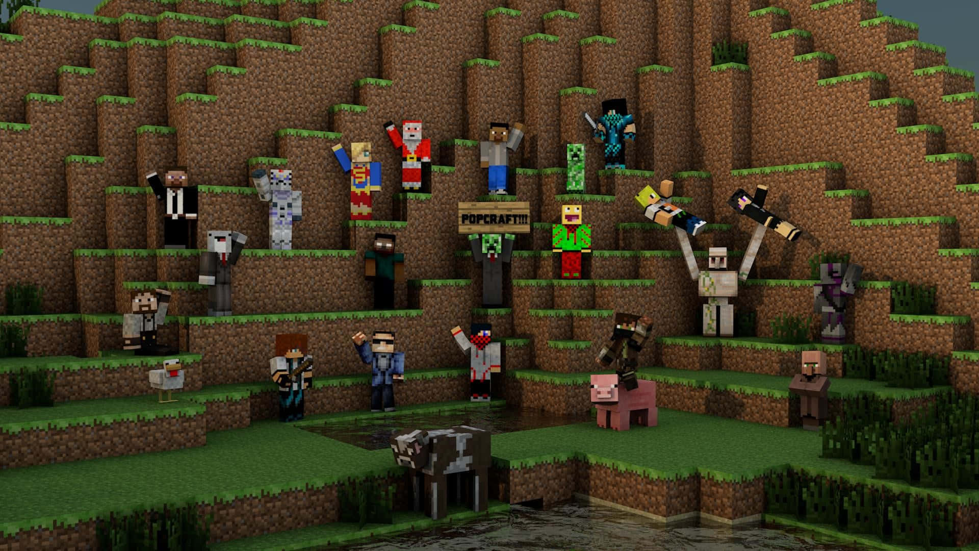 Minecraft Server 桌布 壁紙 — 一個充滿活力的Minecraft場景，展示各種像素化角色和動物站在有草的梯田土丘上。