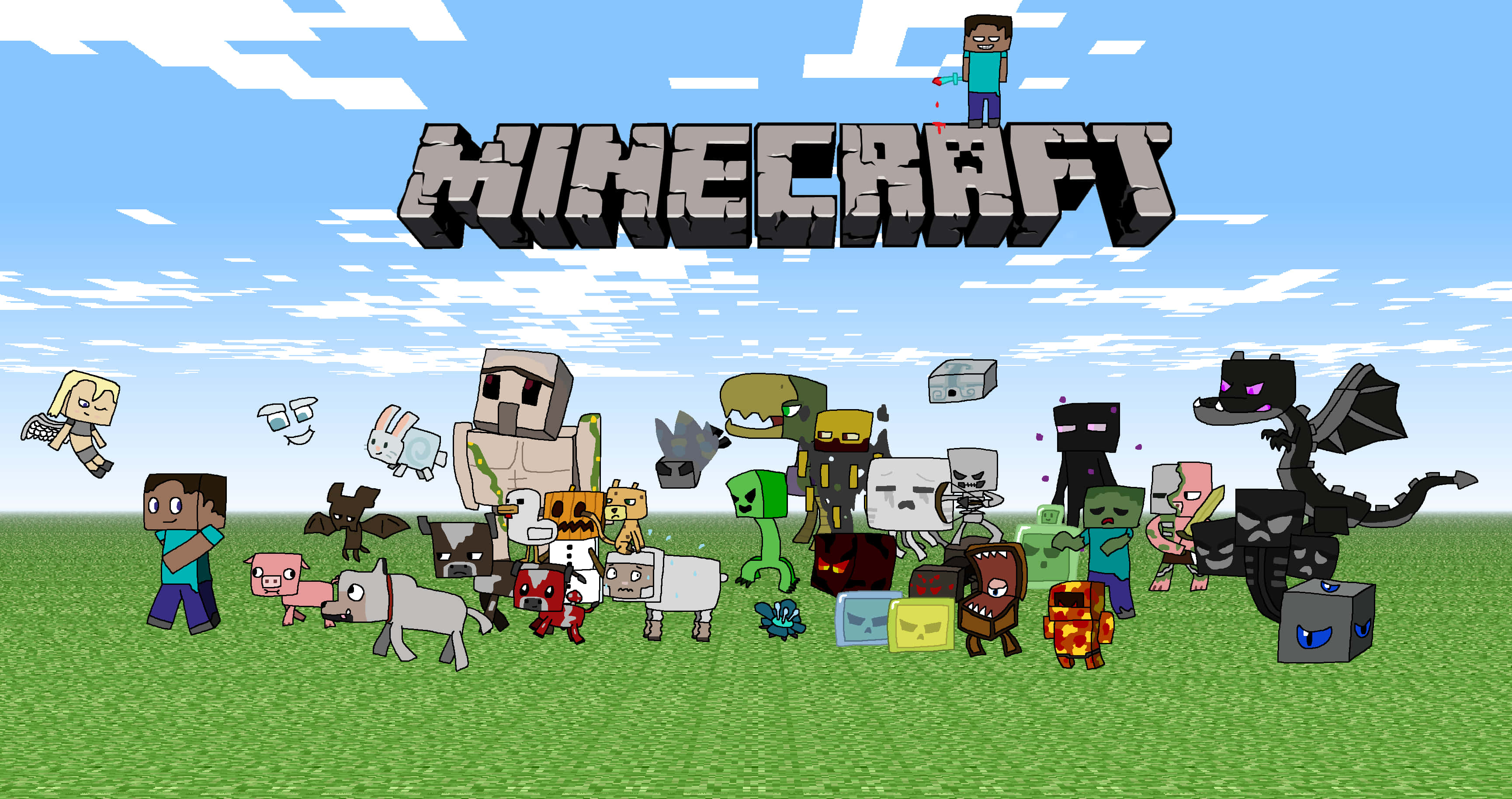 Minecraft Mobs 桌布 壁紙 — 一個充滿活力的Minecraft場景， featuring 標誌性的方塊角色如Steve和殭屍站在草地上，藍天之上有遊戲標誌。