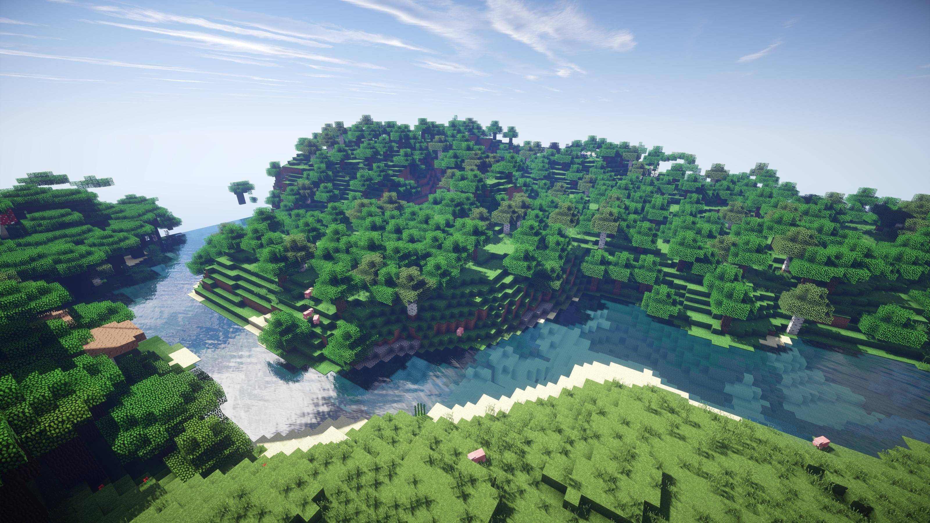 最佳我的世界 桌布 壁紙 — 一個充滿活力的Minecraft島嶼，有茂密的綠色樹木和蜿蜒的河流，在晴朗的藍天下。